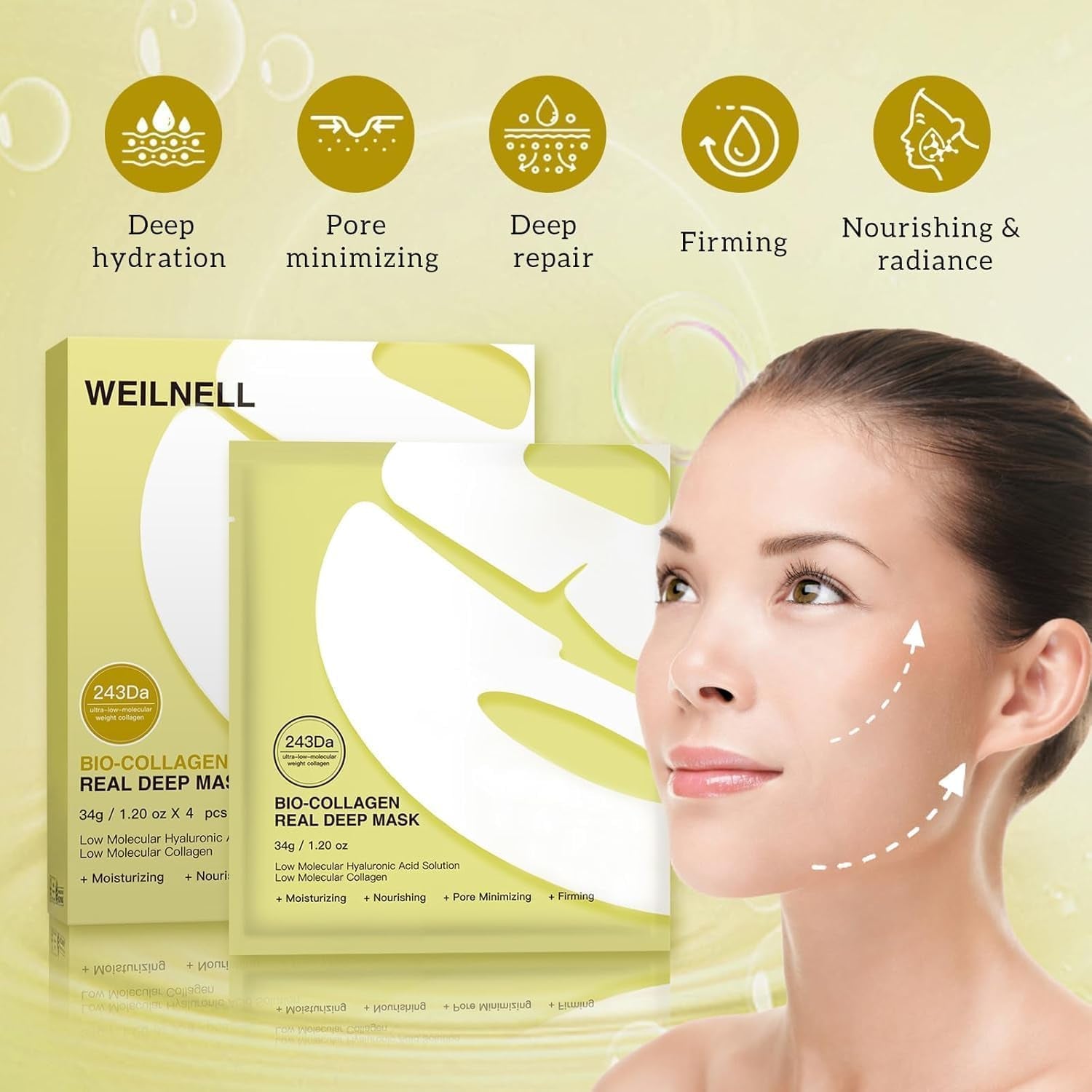 Bio-Collagen Overnight Collagen Face Mask, Deep Collagen Anti-Wrinkle Lifting Glass Glow Face Mask for Moisturizing, Firming, Glowing Skin Care, Bio Collagen Sheet Mask for All Skin Types, 17 Packs