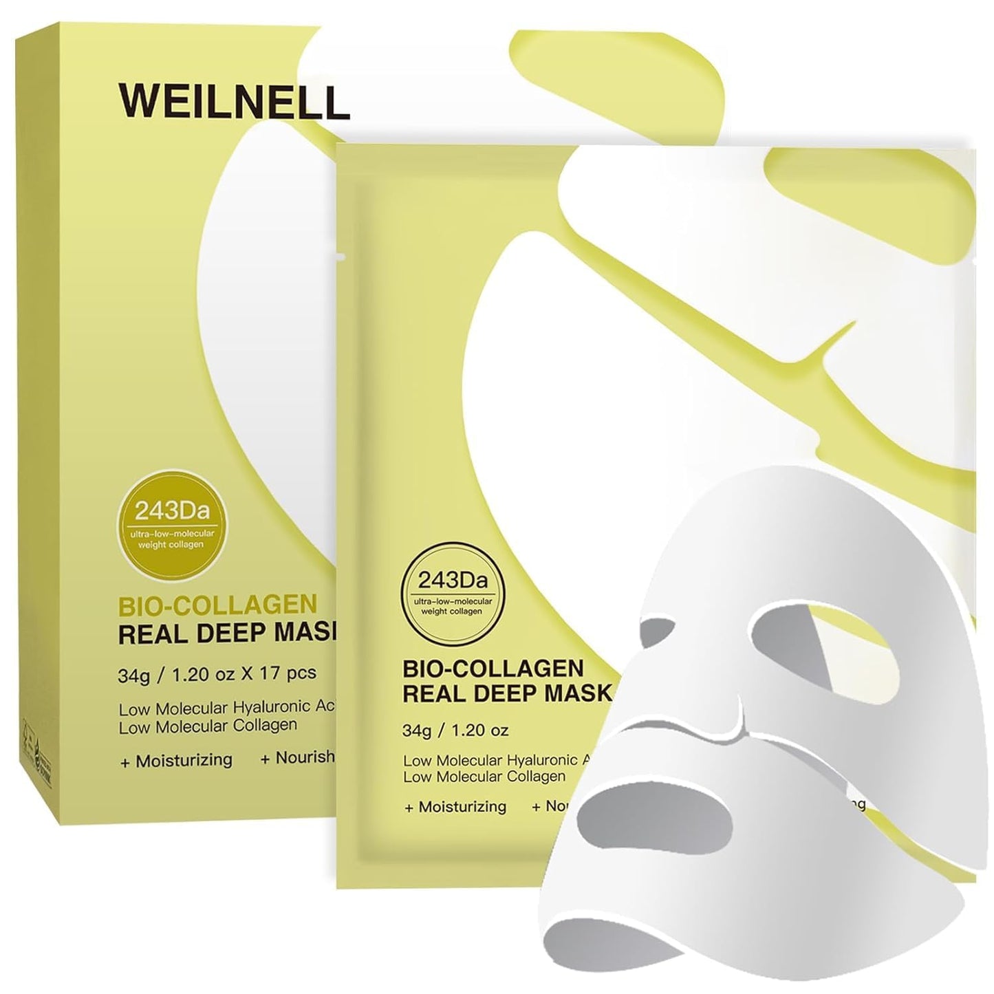 Bio-Collagen Overnight Collagen Face Mask, Deep Collagen Anti-Wrinkle Lifting Glass Glow Face Mask for Moisturizing, Firming, Glowing Skin Care, Bio Collagen Sheet Mask for All Skin Types, 17 Packs
