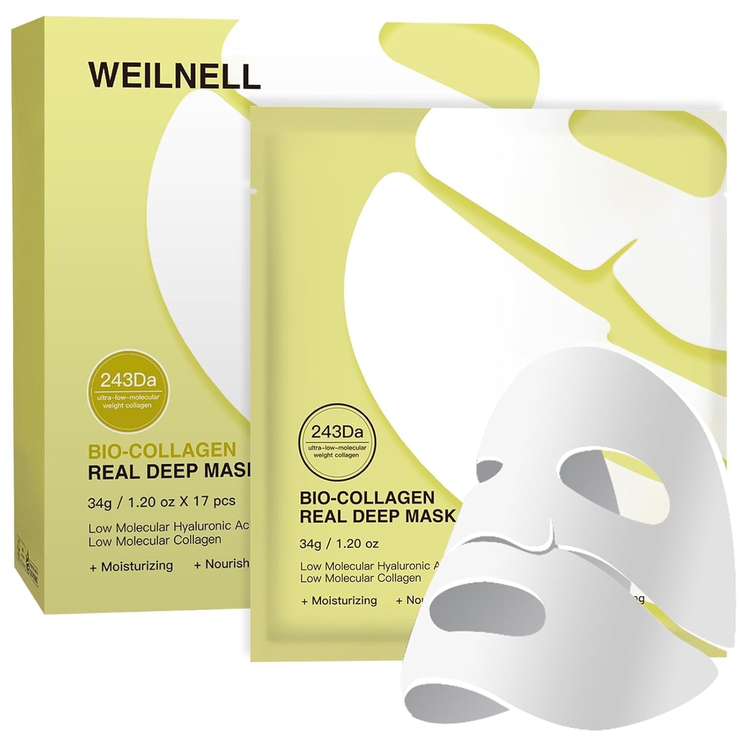 Bio-Collagen Overnight Collagen Face Mask, Deep Collagen Anti-Wrinkle Lifting Glass Glow Face Mask for Moisturizing, Firming, Glowing Skin Care, Bio Collagen Sheet Mask for All Skin Types, 17 Packs